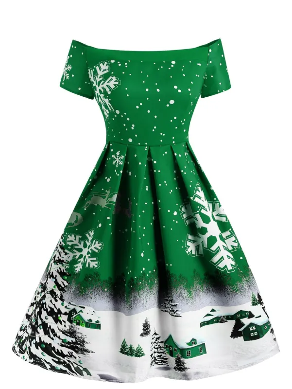 Green 1950s Snowfall Off Shoulder Dress sold by Retro Stage