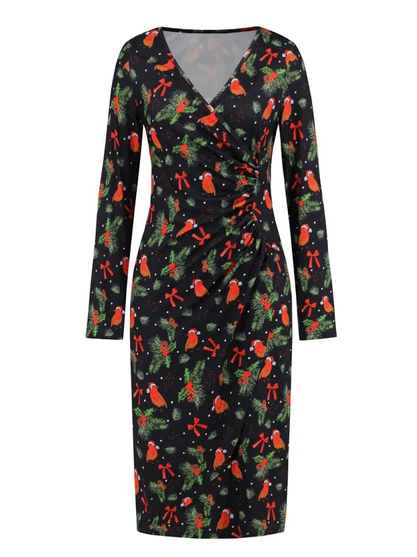 1960s Christmas Print V-Neck Wrap Dress sold by Retro Stage