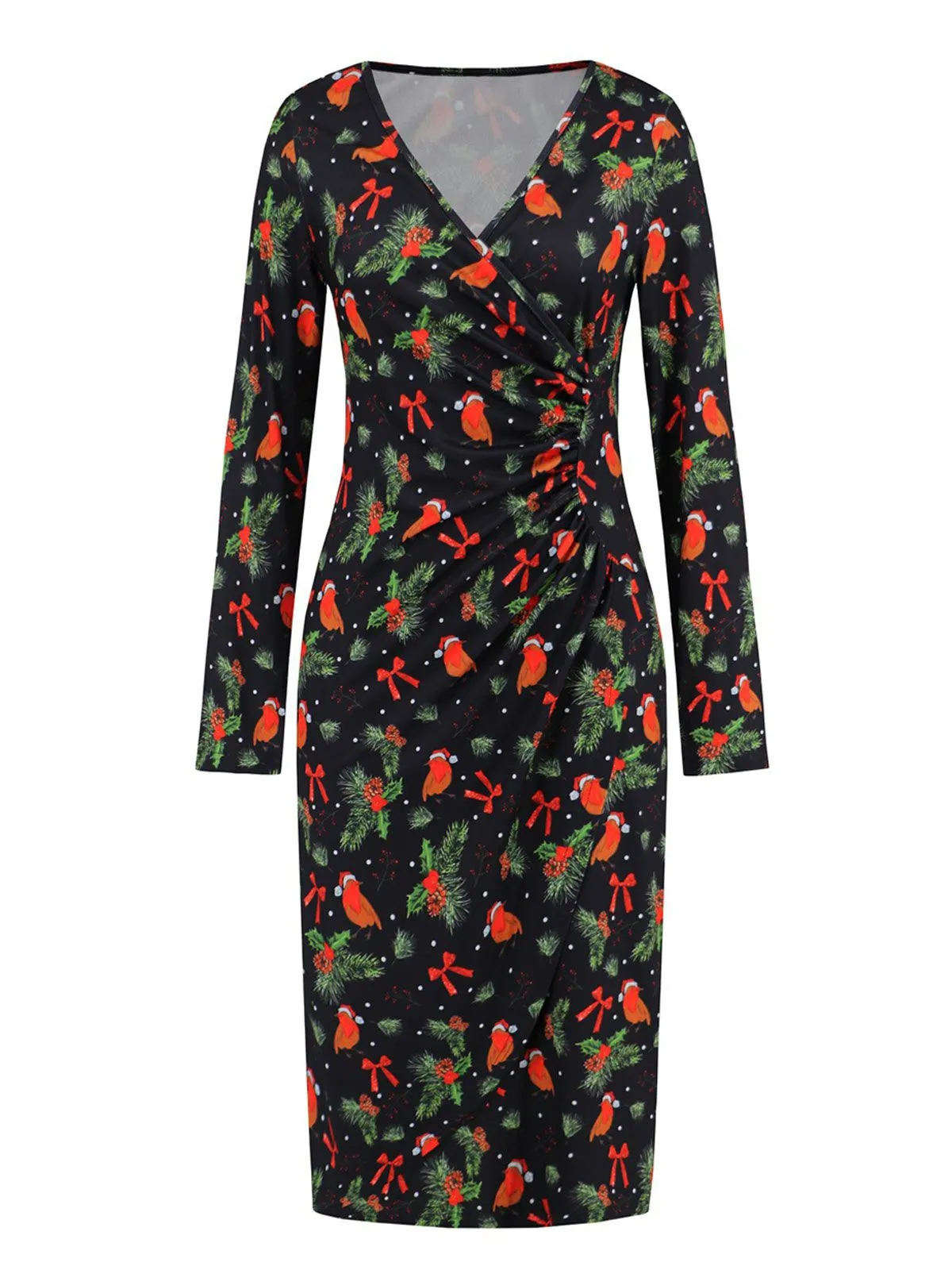 1960s Christmas Print V-Neck Wrap Dress sold by Retro Stage