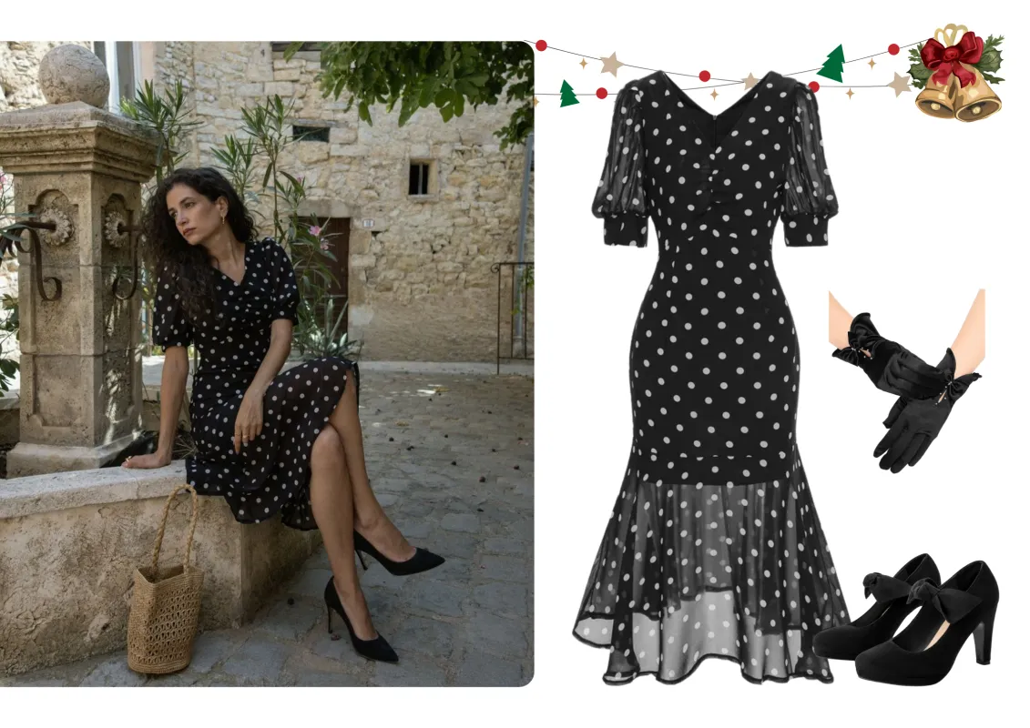 Black 1930s Polka Dot Mermaid Dress sold by Retro Stage