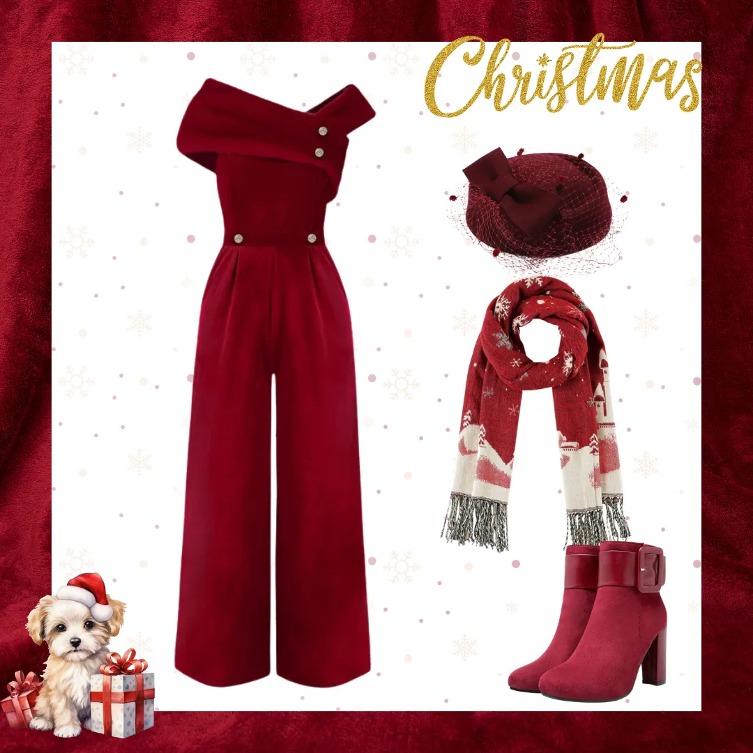 Red 1950s Velvet Off Shoulder Button Jumpsuit sold by Retro Stage