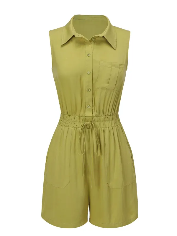 Olive Green 1950s Solid Lapel Belt Romper sold by Retro Stage