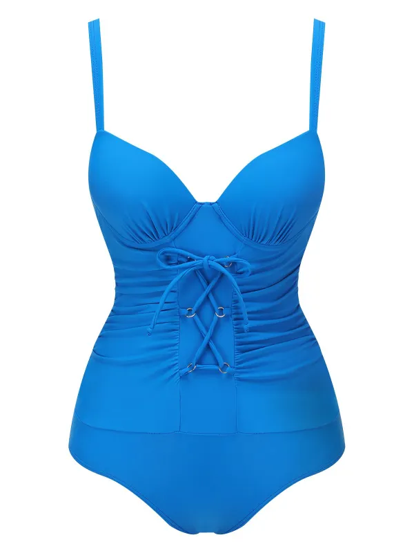 Blue 1950s Solid Added Strap Swimsuit sold by Retro Stage
