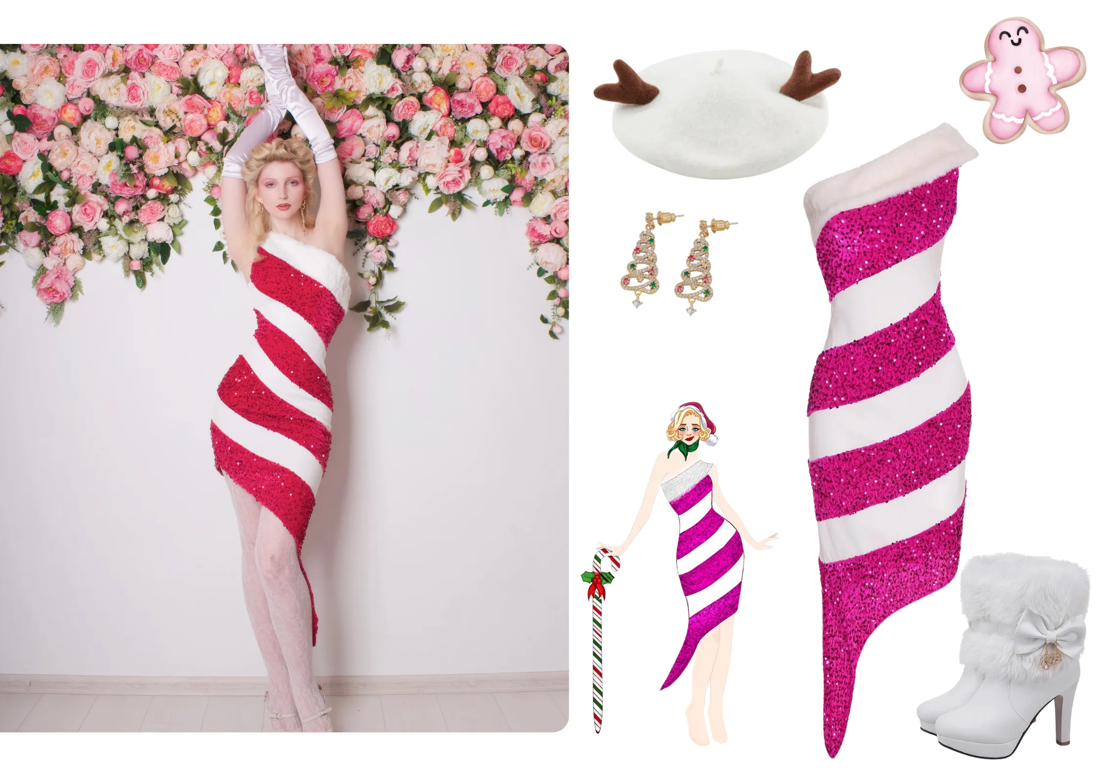 Pink 1960s Candy Cane One-Shoulder Dress sold by Retro Stage