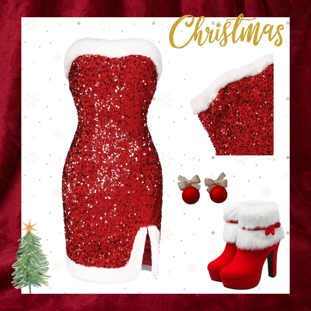 Red 1960s Strapless Sequined Dress sold by Retro Stage