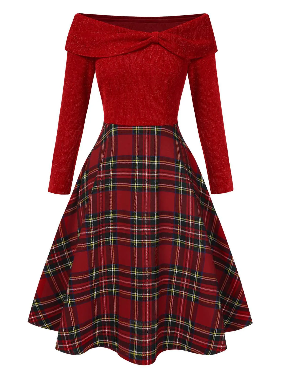Red 1950s Christmas Off Shoulder Tartan Dress sold by Retro Stage product image thumbnail 3