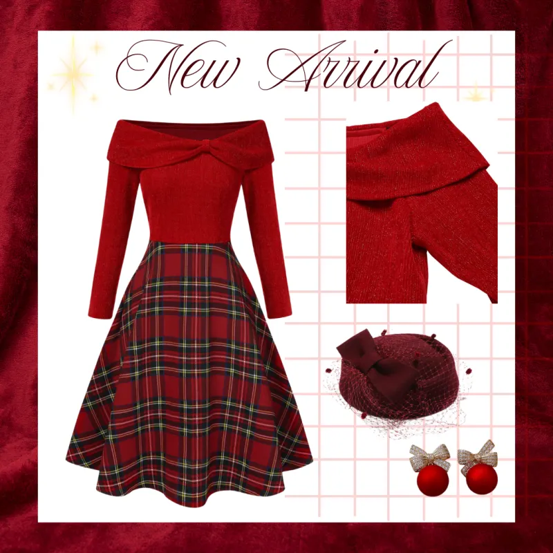 Red 1950s Christmas Off Shoulder Tartan Dress sold by Retro Stage