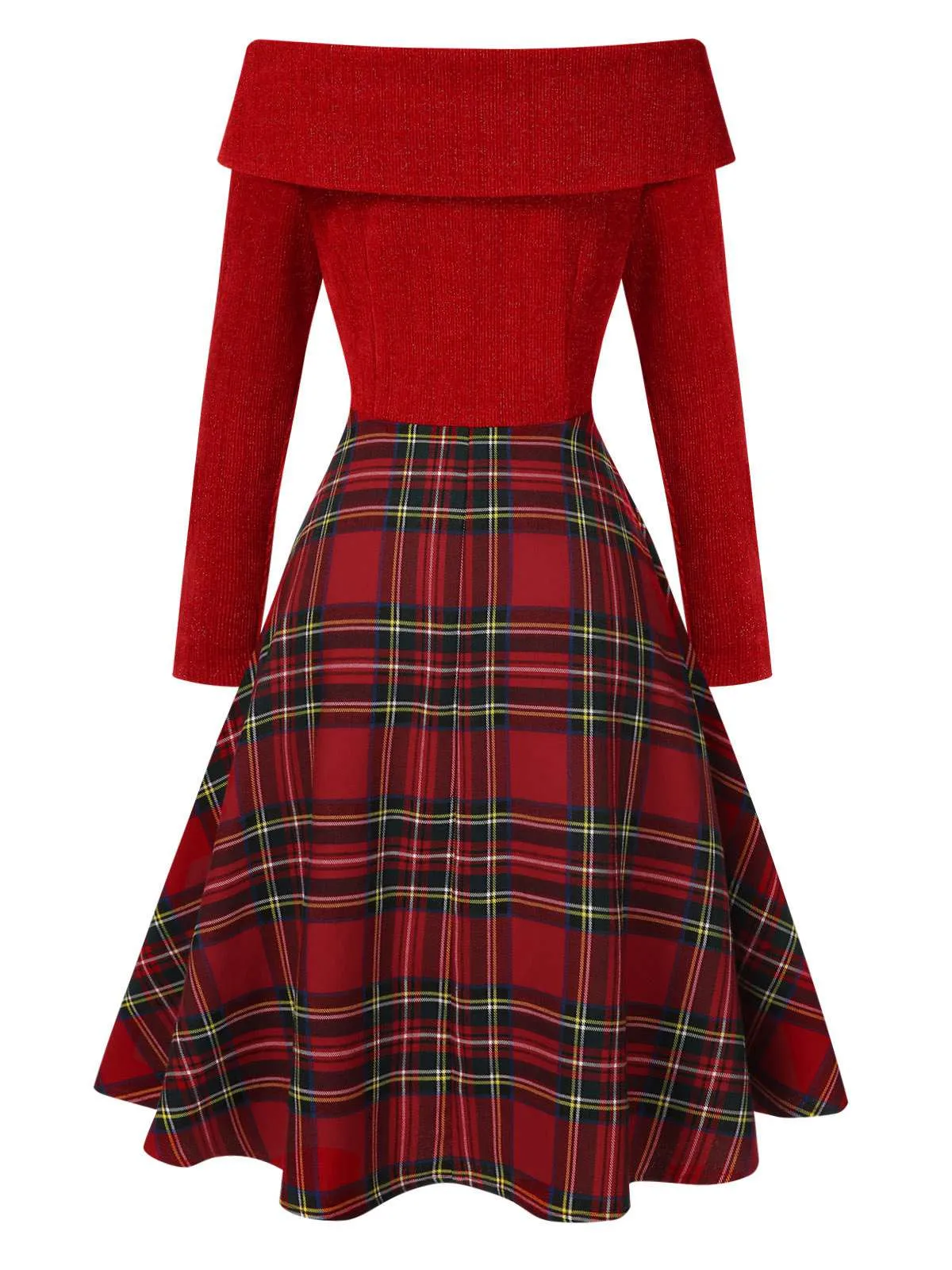 Red 1950s Christmas Off Shoulder Tartan Dress sold by Retro Stage product image thumbnail 4