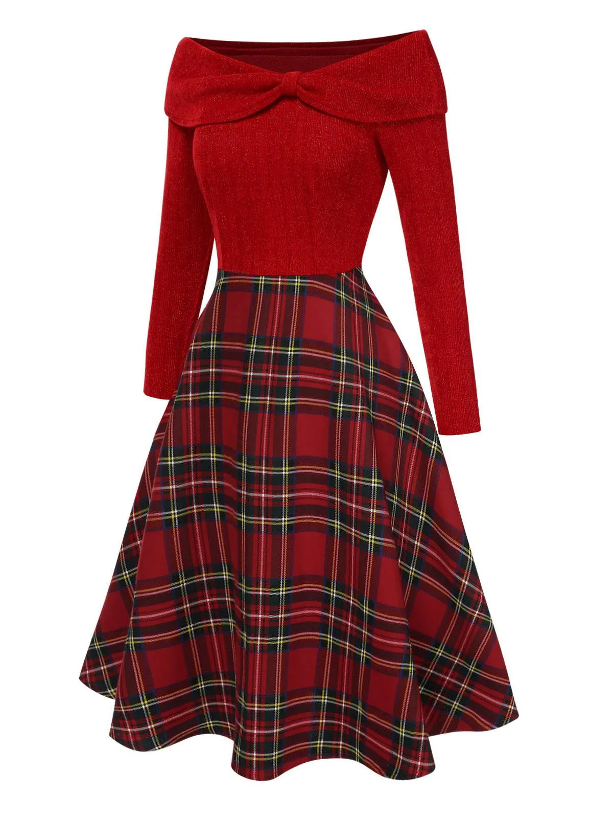 Red 1950s Christmas Off Shoulder Tartan Dress sold by Retro Stage product image thumbnail 5