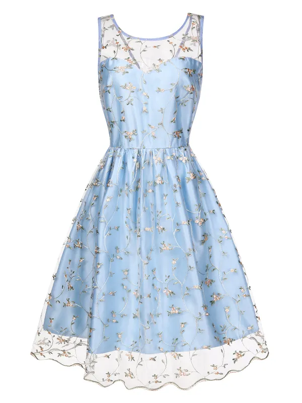 Blue 1950s Floral Embroidery Lace Dress sold by Retro Stage