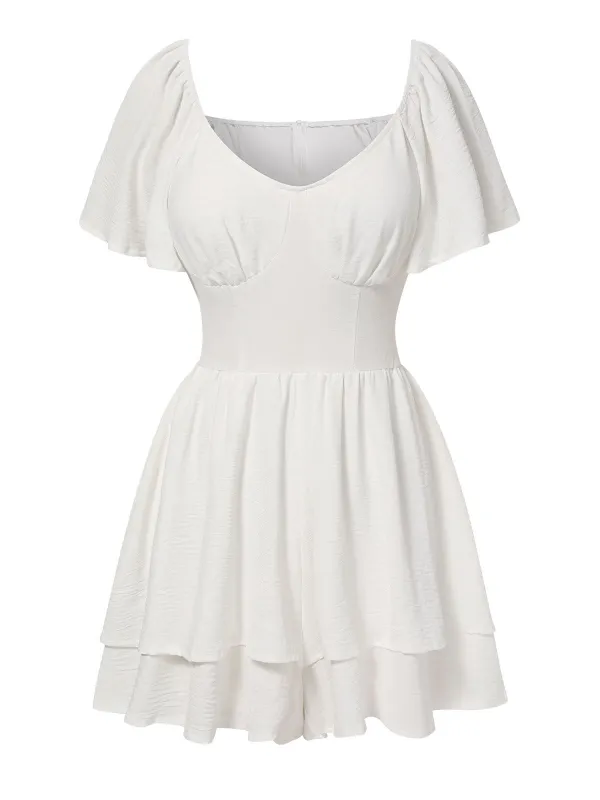 White 1950s Puff Sleeve Layered Hem Romper sold by Retro Stage