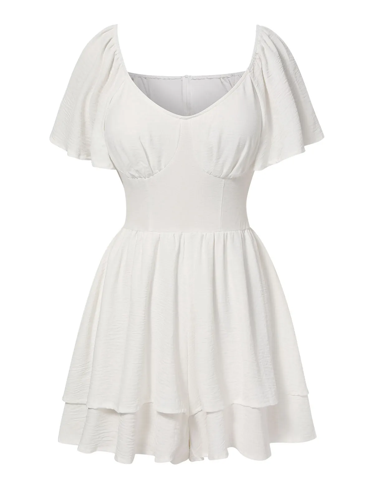 White 1950s Puff Sleeve Layered Hem Romper sold by Retro Stage