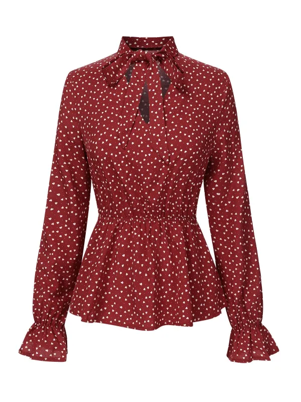 Red 1940s Polka Dot Lace-Up Chiffon Blouse sold by Retro Stage