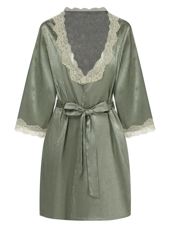 Green 1950s Guipure Lace Ruffled Hem Robe sold by Retro Stage