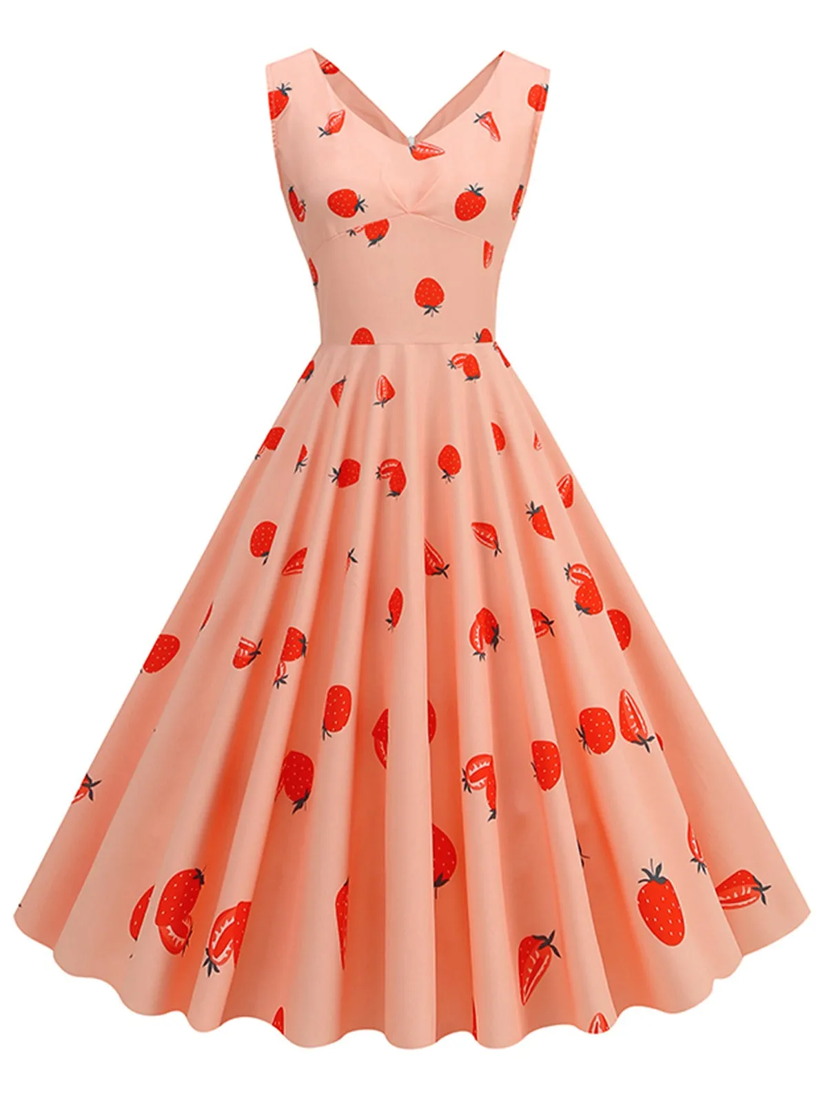 Pink 1950s Strawberry Sleeveless Swing Dress sold by Retro Stage