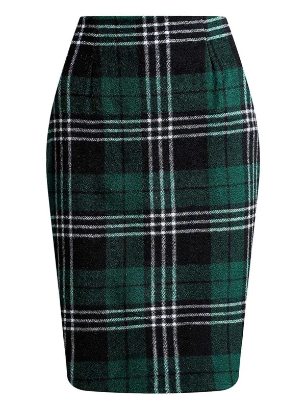 Dark Green 1960s Scottish Plaid Pencil Skirt sold by Retro Stage