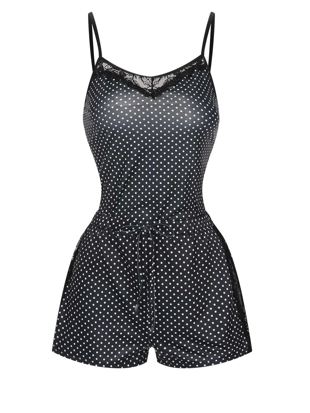 Black 1970s Polka Dots Lace Patchwork Pajamas sold by Retro Stage