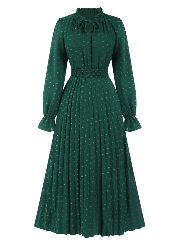 Dark Green 1940s Lantern Sleeve Ruffles Dress sold by Retro Stage