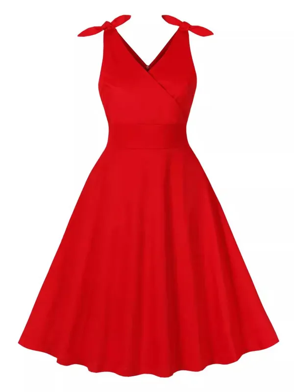 Red 1950s V-Neck Sleeveless Solid Dress sold by Retro Stage