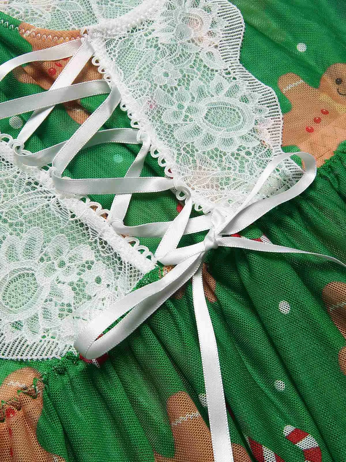 Green 1970s Christmas Lace-Up Nightgown sold by Retro Stage product image thumbnail 4