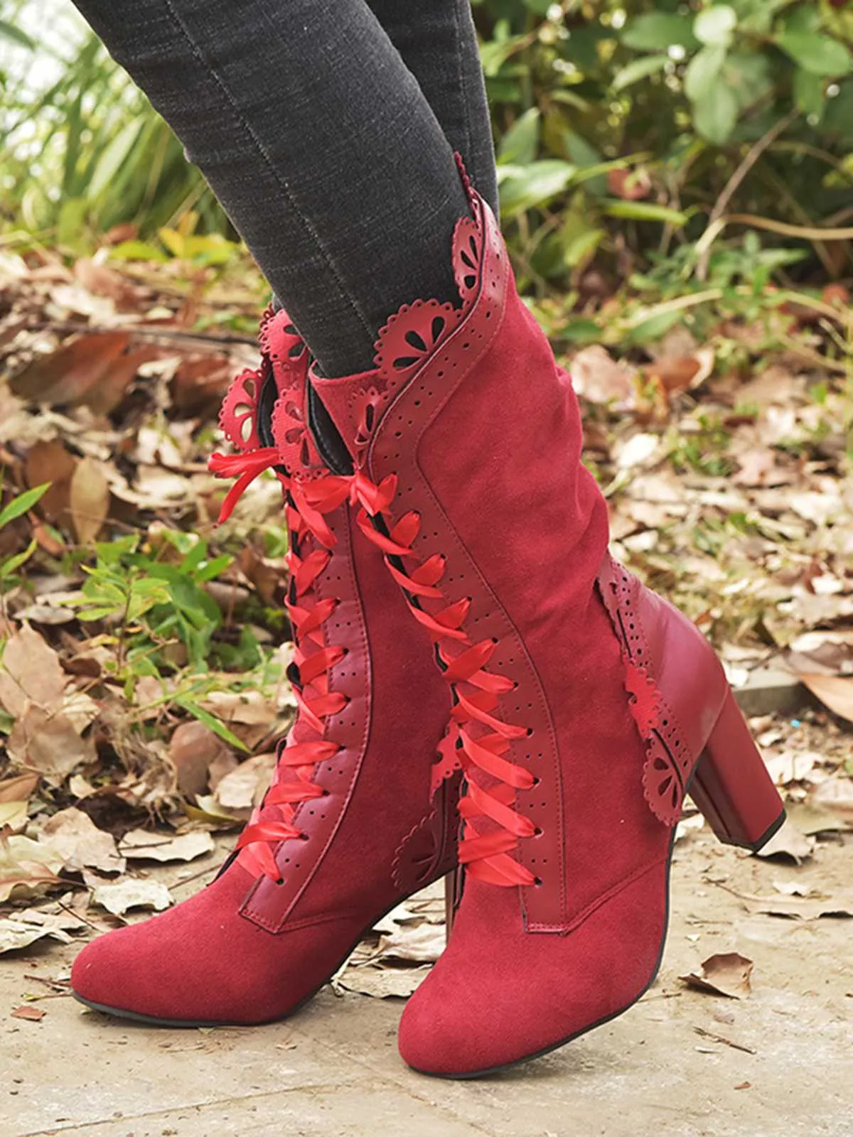 Leather Petal Edge Lace-Up Mid-Calf Boots sold by Retro Stage product image thumbnail 2