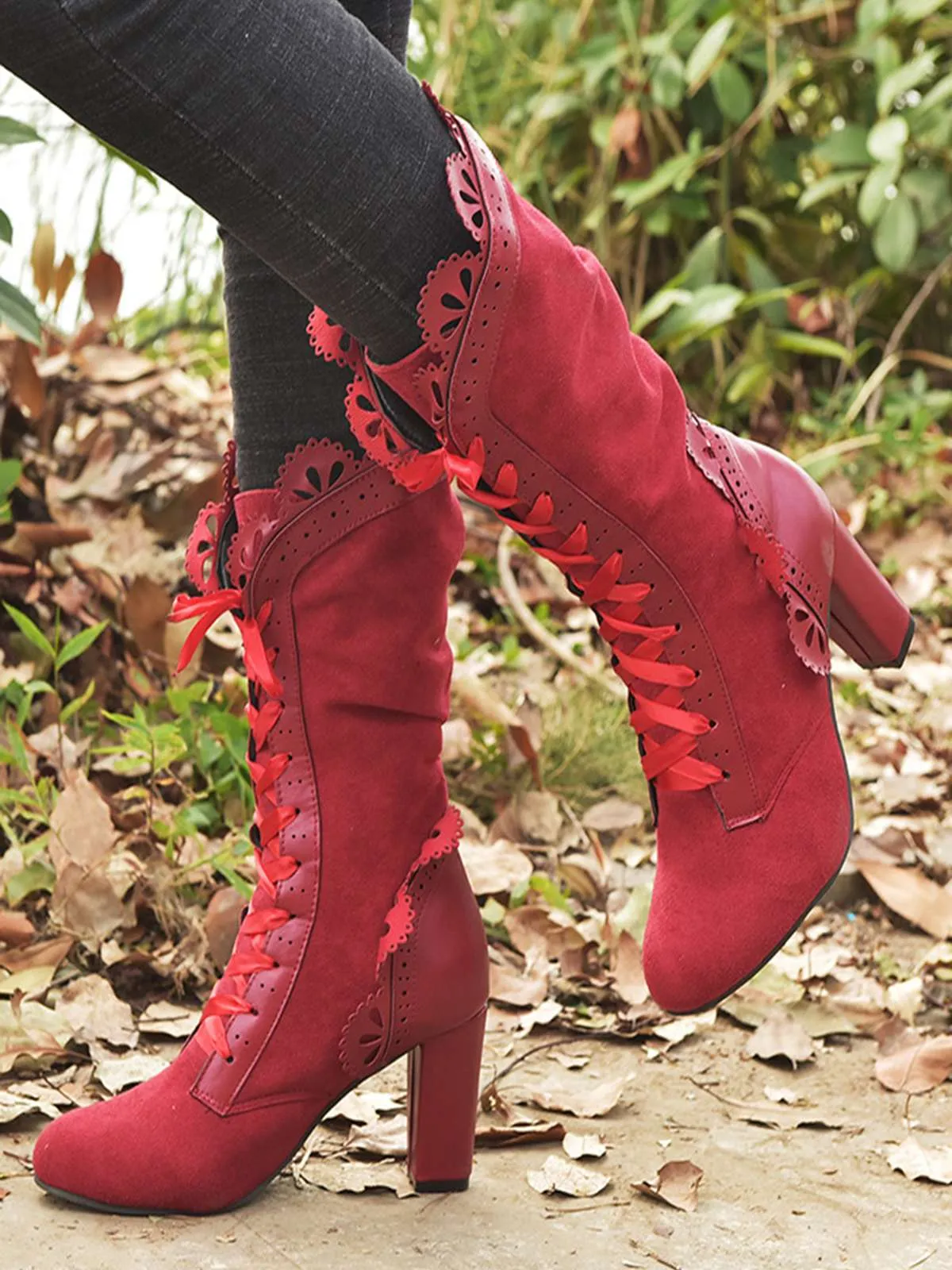 Leather Petal Edge Lace-Up Mid-Calf Boots sold by Retro Stage