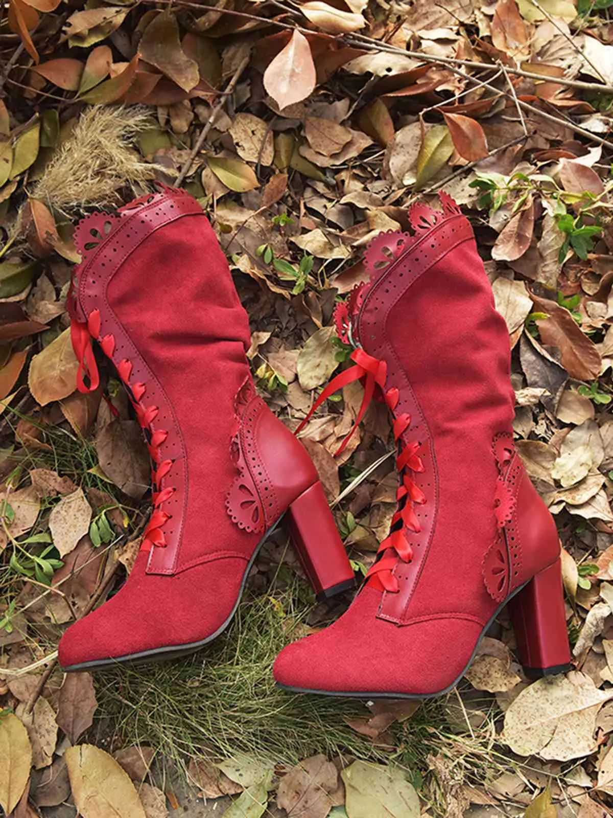 Leather Petal Edge Lace-Up Mid-Calf Boots sold by Retro Stage product image thumbnail 3