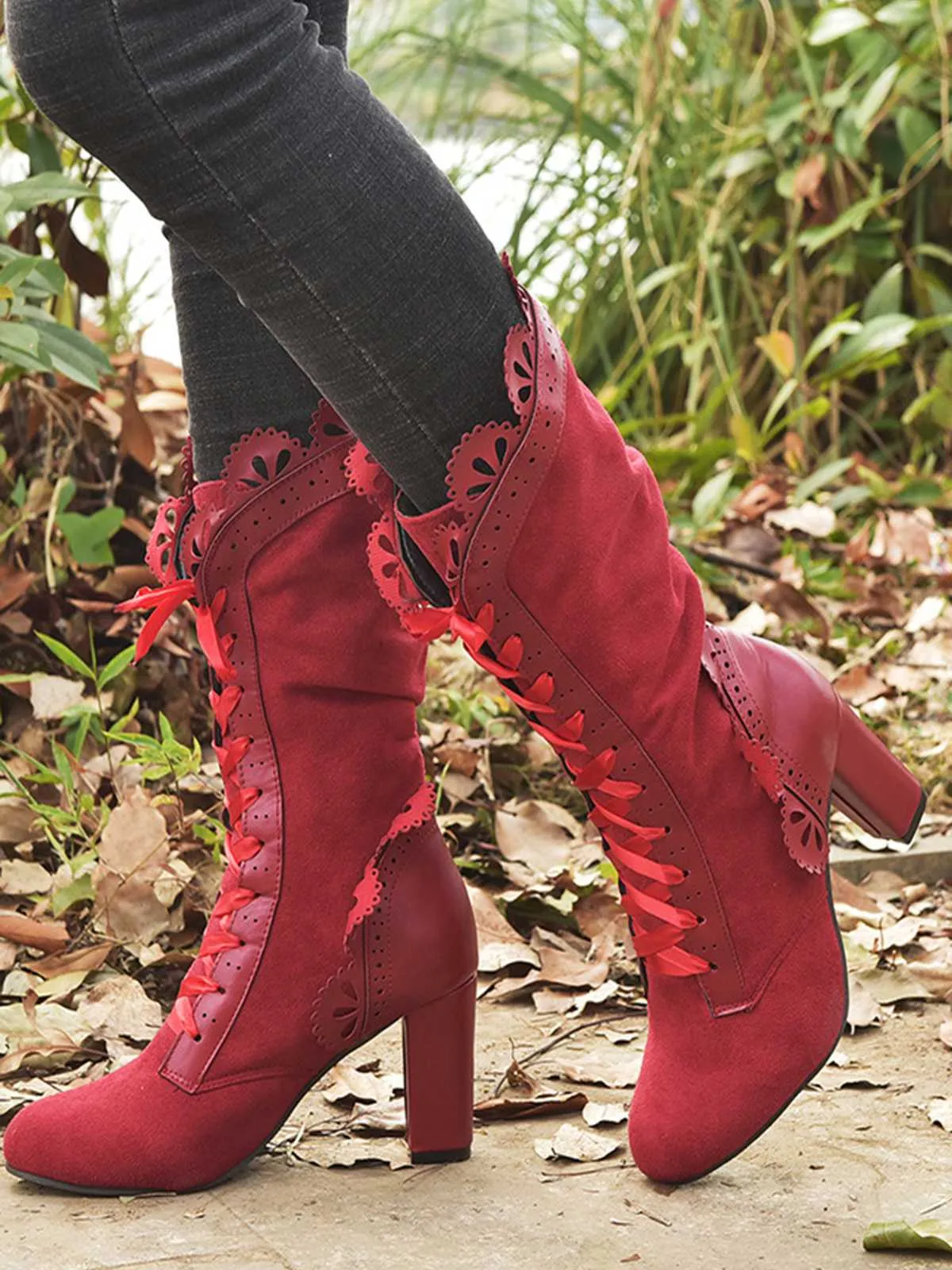 Leather Petal Edge Lace-Up Mid-Calf Boots sold by Retro Stage product image thumbnail 5