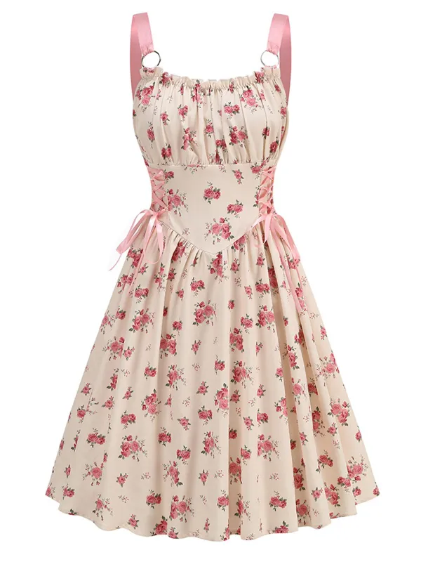 Pink 1950s Strap Ditsy Floral Lace-Up A-Line Dress sold by Retro Stage