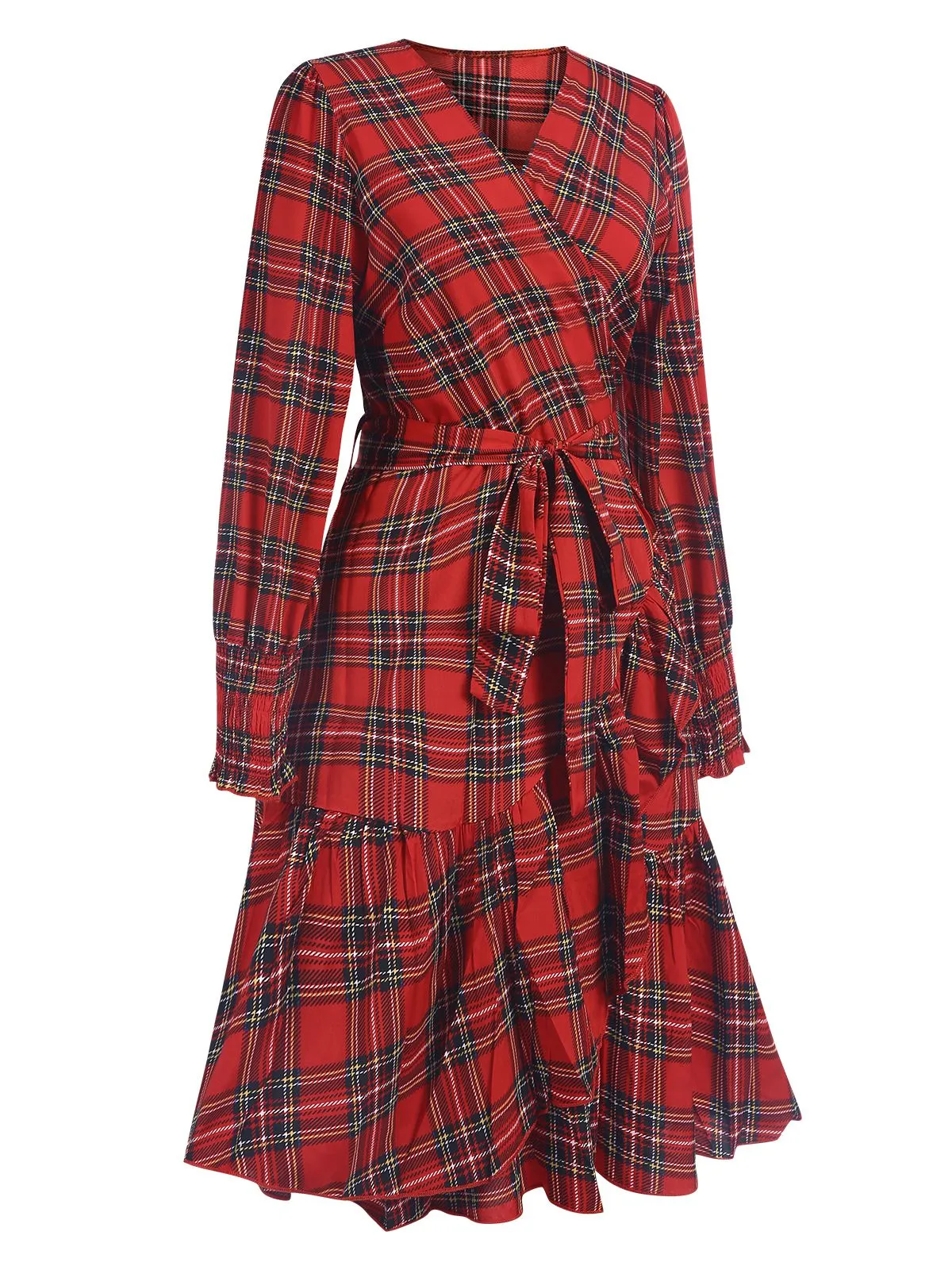 Red 1960s Tartan Plaids Ruffle Hem Belted Dress sold by Retro Stage product image thumbnail 2