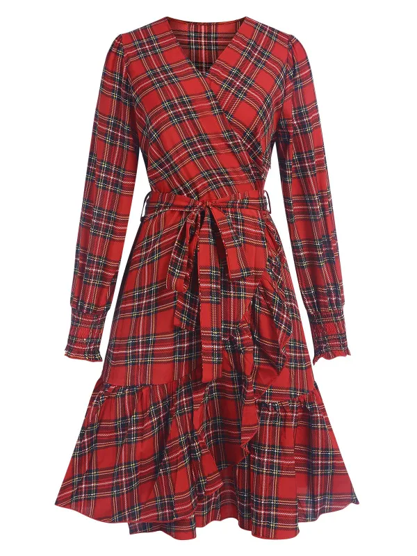 Red 1960s Tartan Plaids Ruffle Hem Belted Dress sold by Retro Stage