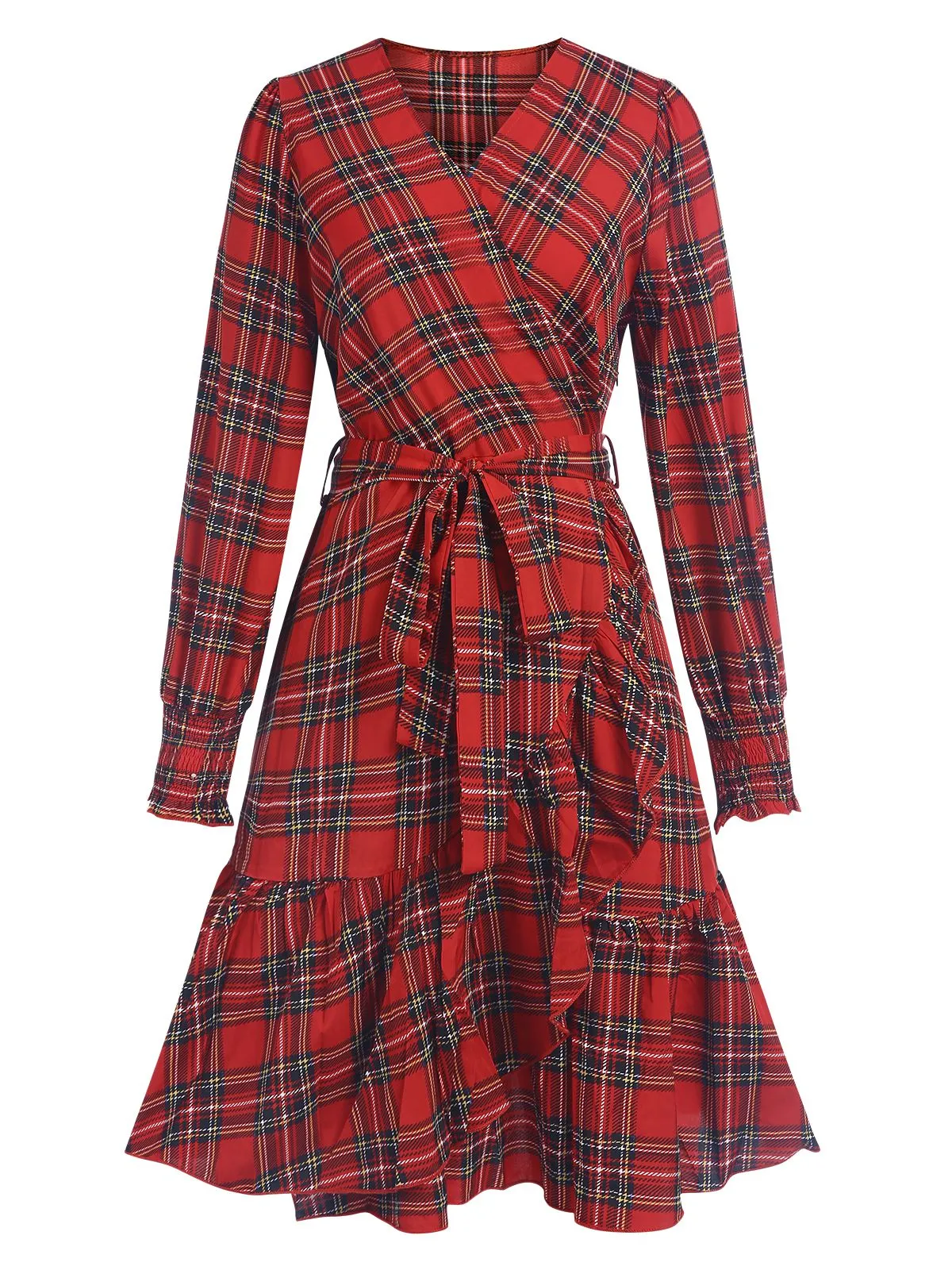 Red 1960s Tartan Plaids Ruffle Hem Belted Dress sold by Retro Stage
