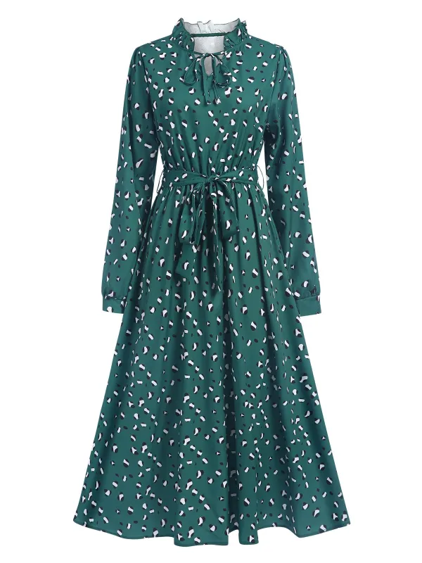 Dark Green 1940s Ruffled Neck Long Sleeve Belted Dress sold by Retro Stage