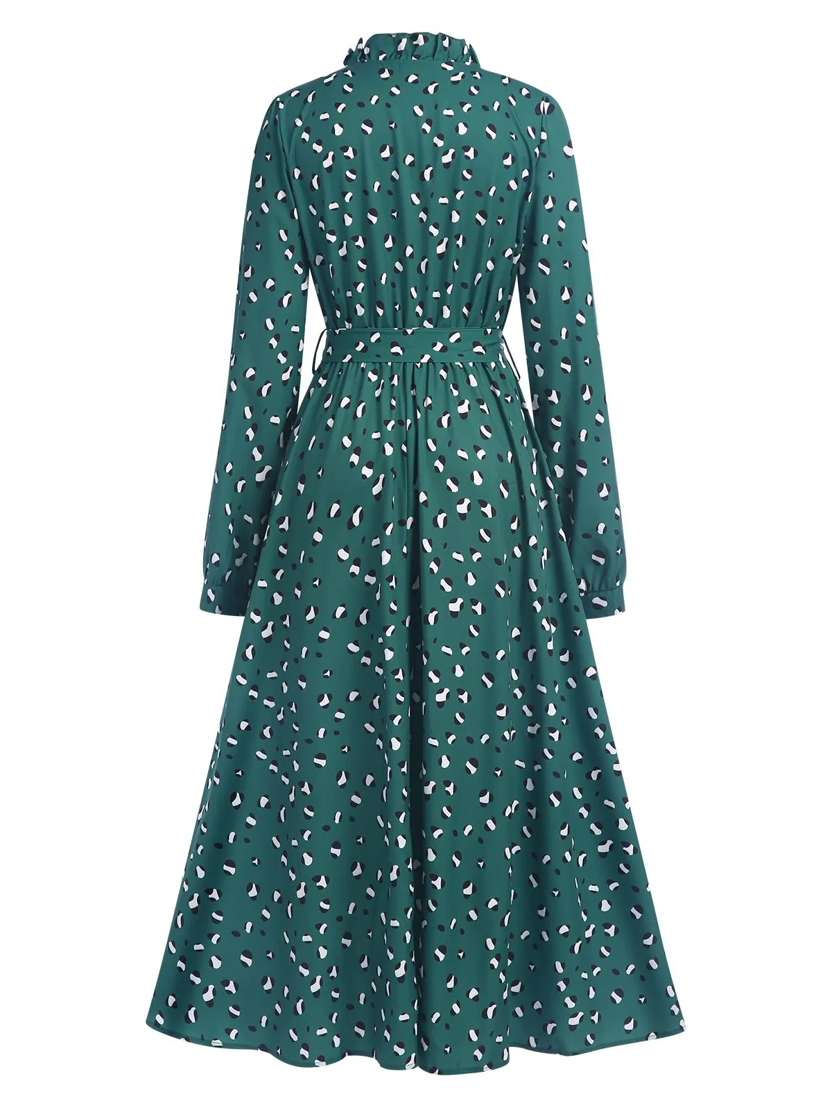 Dark Green 1940s Ruffled Neck Long Sleeve Belted Dress sold by Retro Stage product image thumbnail 3
