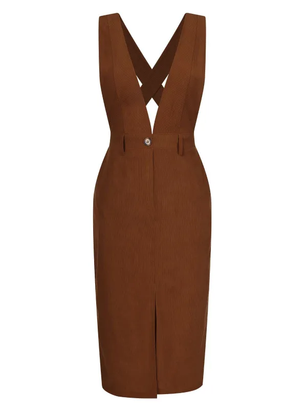 Brown 1960s V-Neck Cross-Back Pinafore Dress sold by Retro Stage