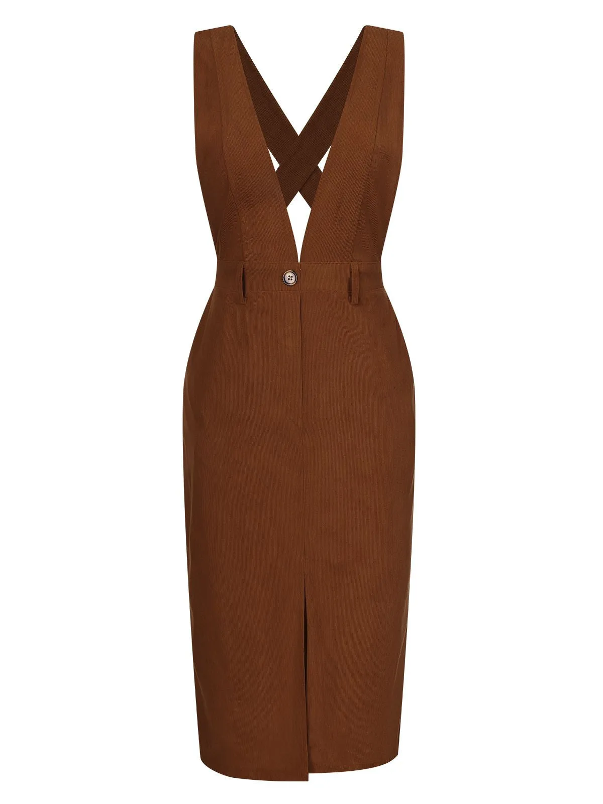 Brown 1960s V-Neck Cross-Back Pinafore Dress sold by Retro Stage