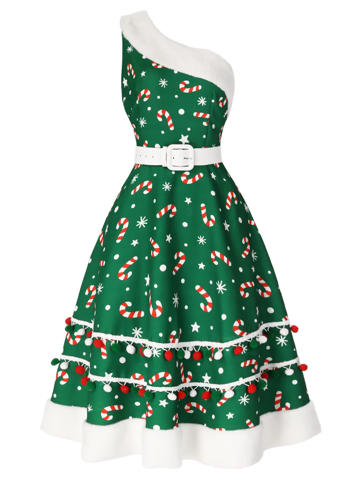 Green 1950s Candy Cane One-Shoulder Dress sold by Retro Stage product image thumbnail 3