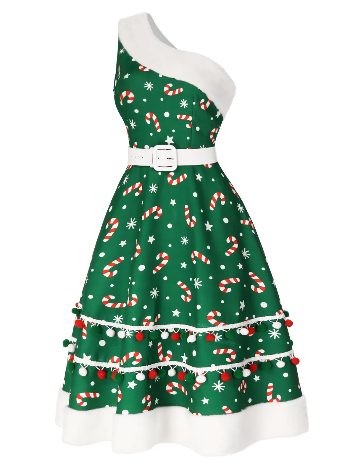 Green 1950s Candy Cane One-Shoulder Dress sold by Retro Stage product image thumbnail 4