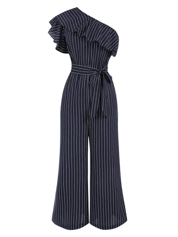 1950s Striped Slanted Shoulder Ruffle Jumpsuit sold by Retro Stage