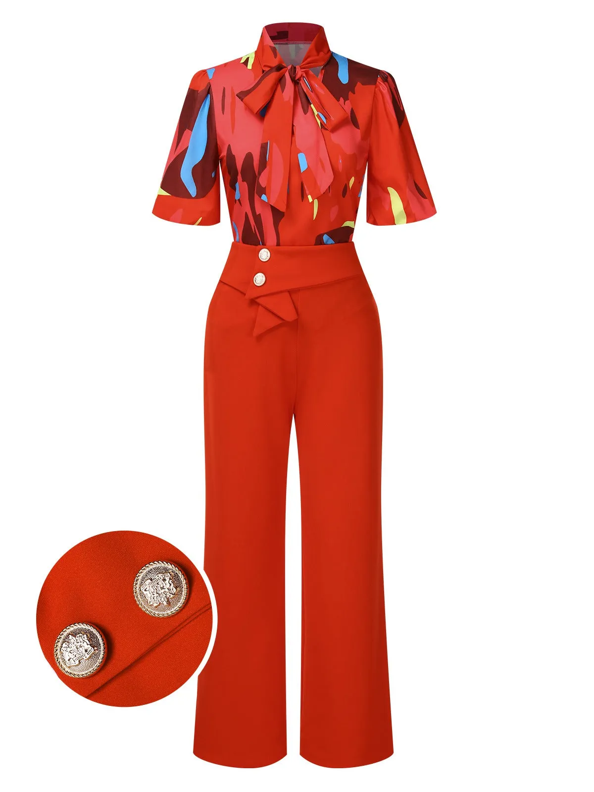 2PCS Red 1950s Abstract Prints Blouse & Solid Pants sold by Retro Stage