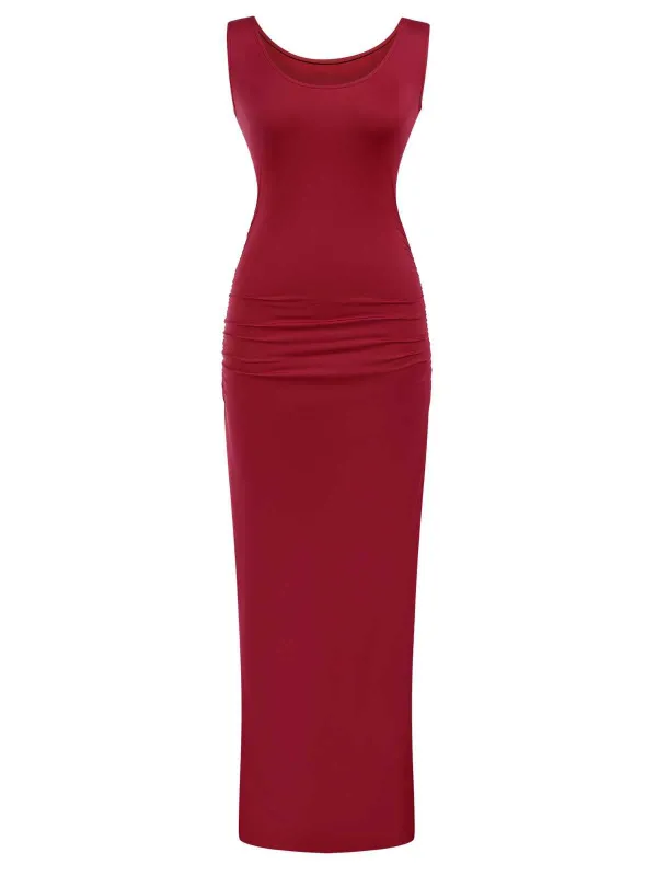 1930s Solid Square Neck Split Ruched Dress sold by Retro Stage