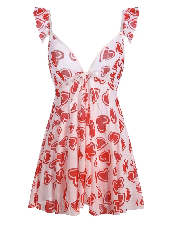 1950s Spaghetti Strap Heart Ruffles Mini Nightgown sold by Retro Stage