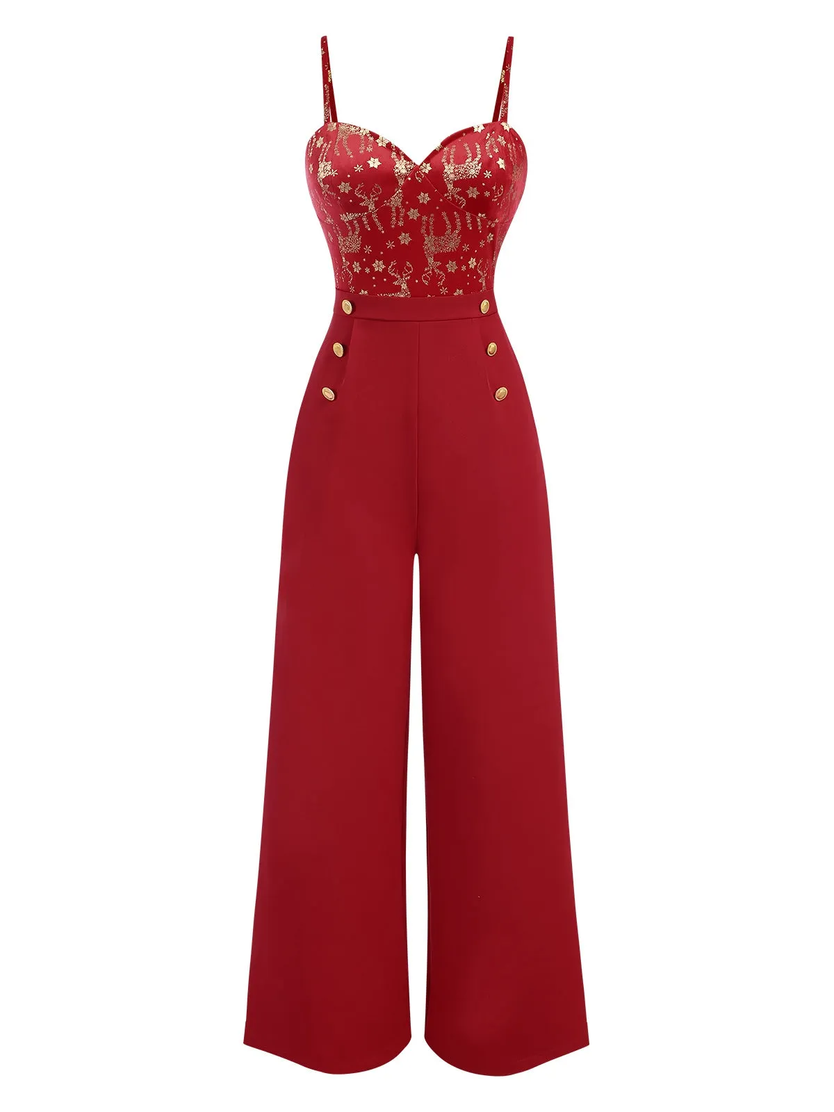 Red 1930s Christmas Elk Gilded Velvet Jumpsuit sold by Retro Stage product image thumbnail 2
