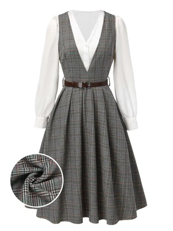 2PCS Grey 1940s V-Neck Plaid Dress & Satin Blouse sold by Retro Stage