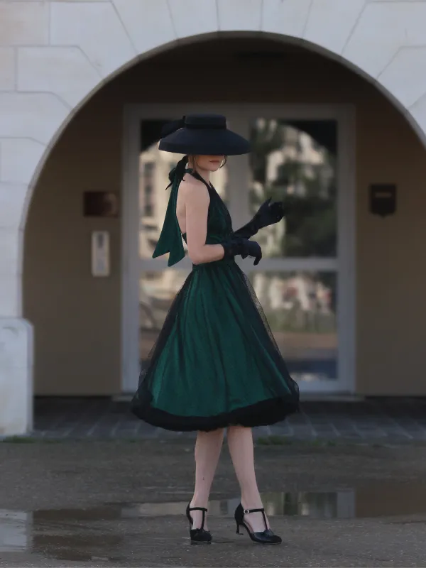 Green 1950s Christmas Halter Polka Dots Mesh Dress sold by Retro Stage