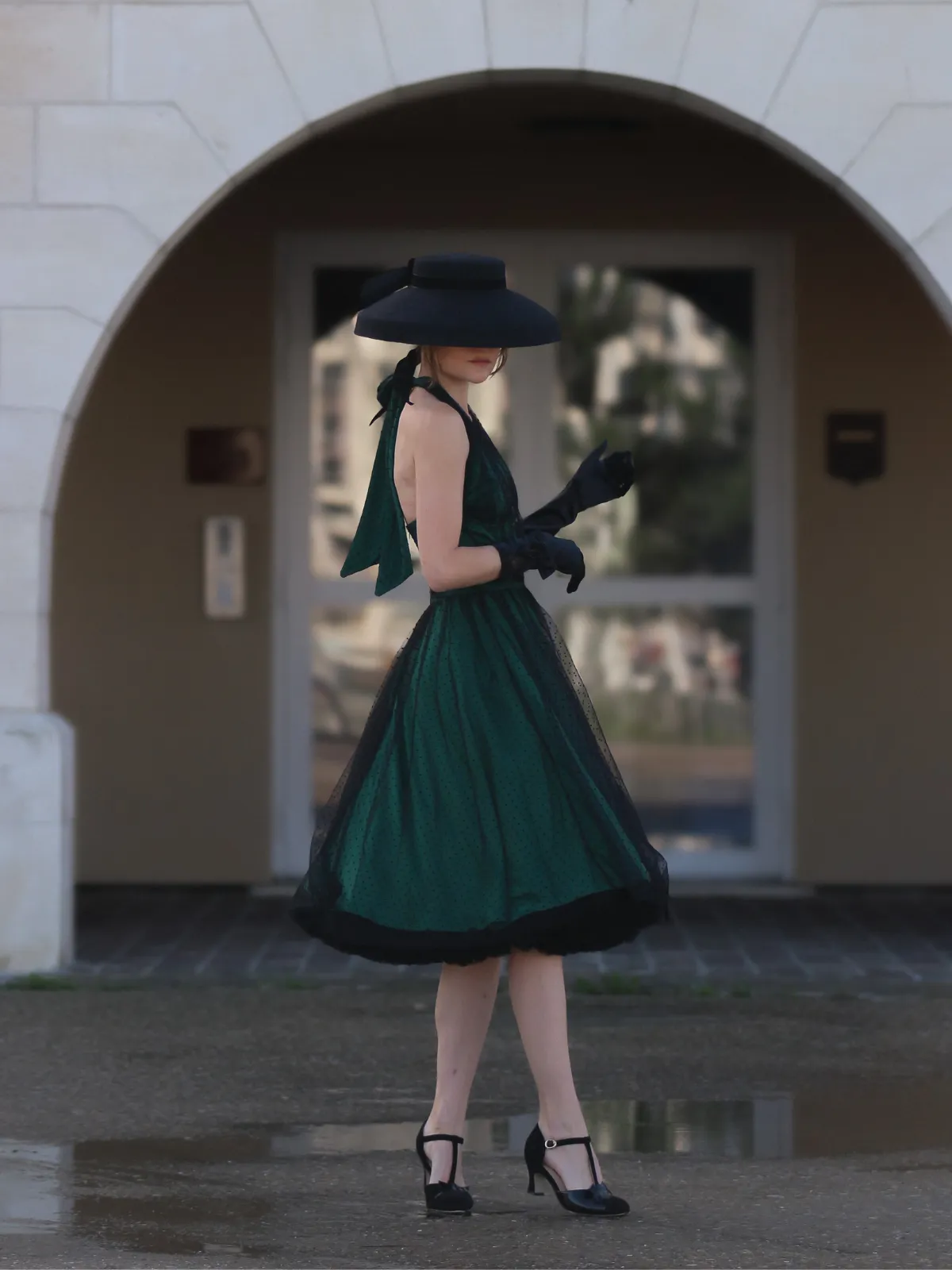 Green 1950s Christmas Halter Polka Dots Mesh Dress sold by Retro Stage