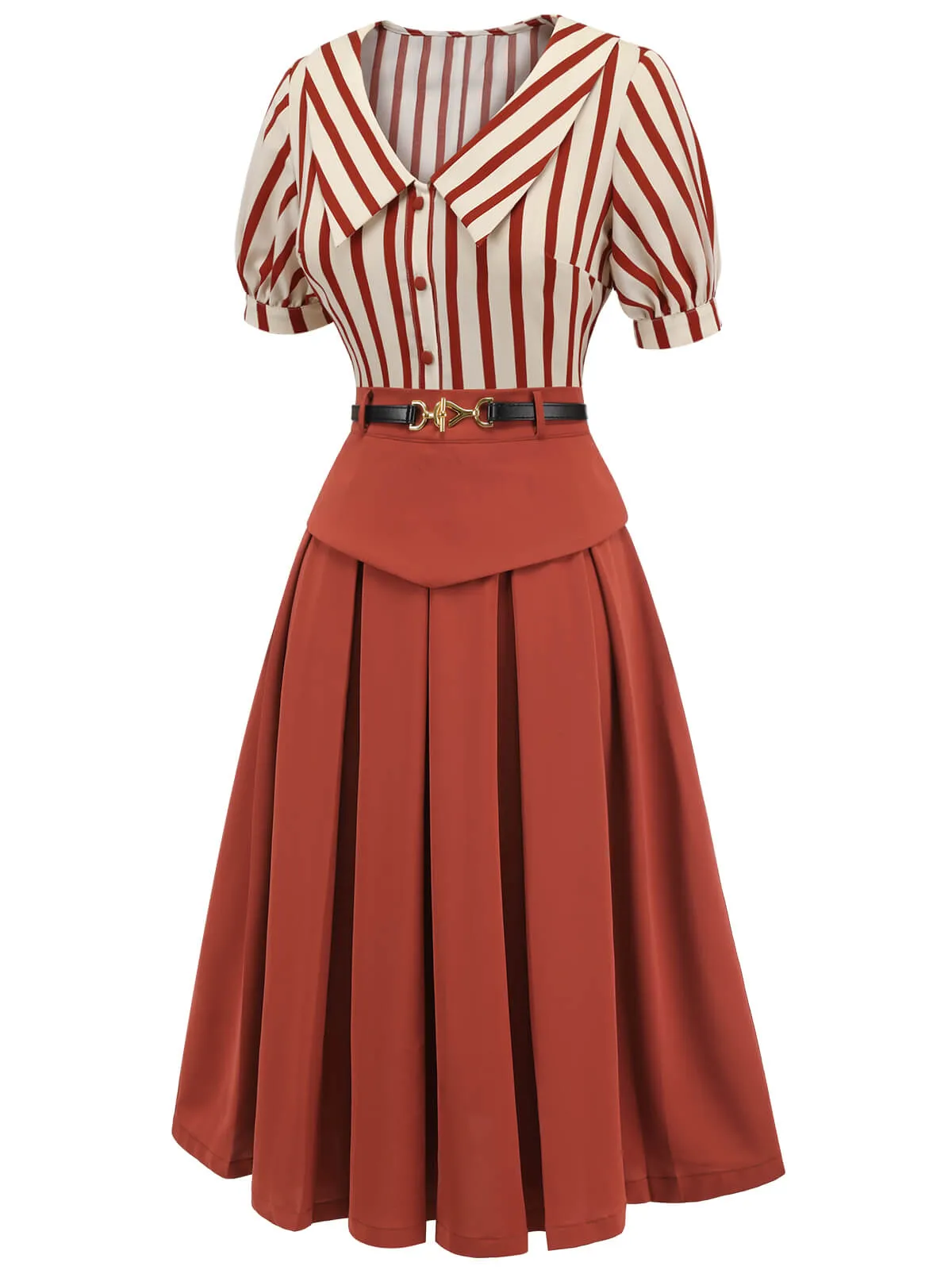 2PCS Orange Red 1950s Striped Blouse & Pleated Skirt sold by Retro Stage product image thumbnail 4
