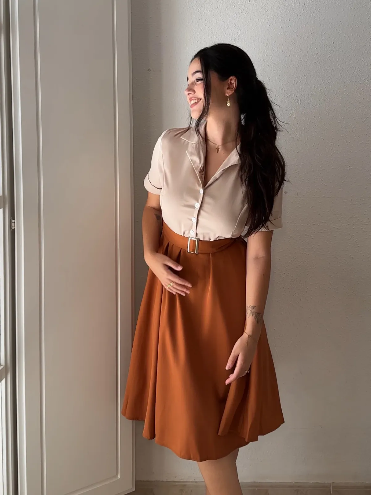 Khaki 1950s Snow White Style Button Dress sold by Retro Stage