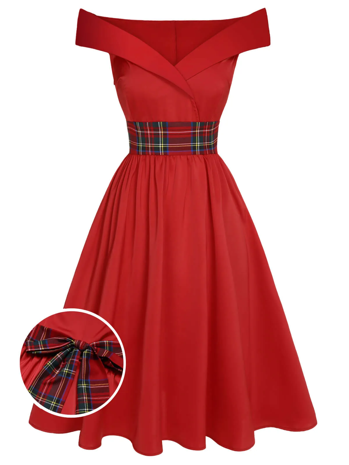 Red 1950s Christmas Plaids Off-Shoulder Dress sold by Retro Stage product image thumbnail 2