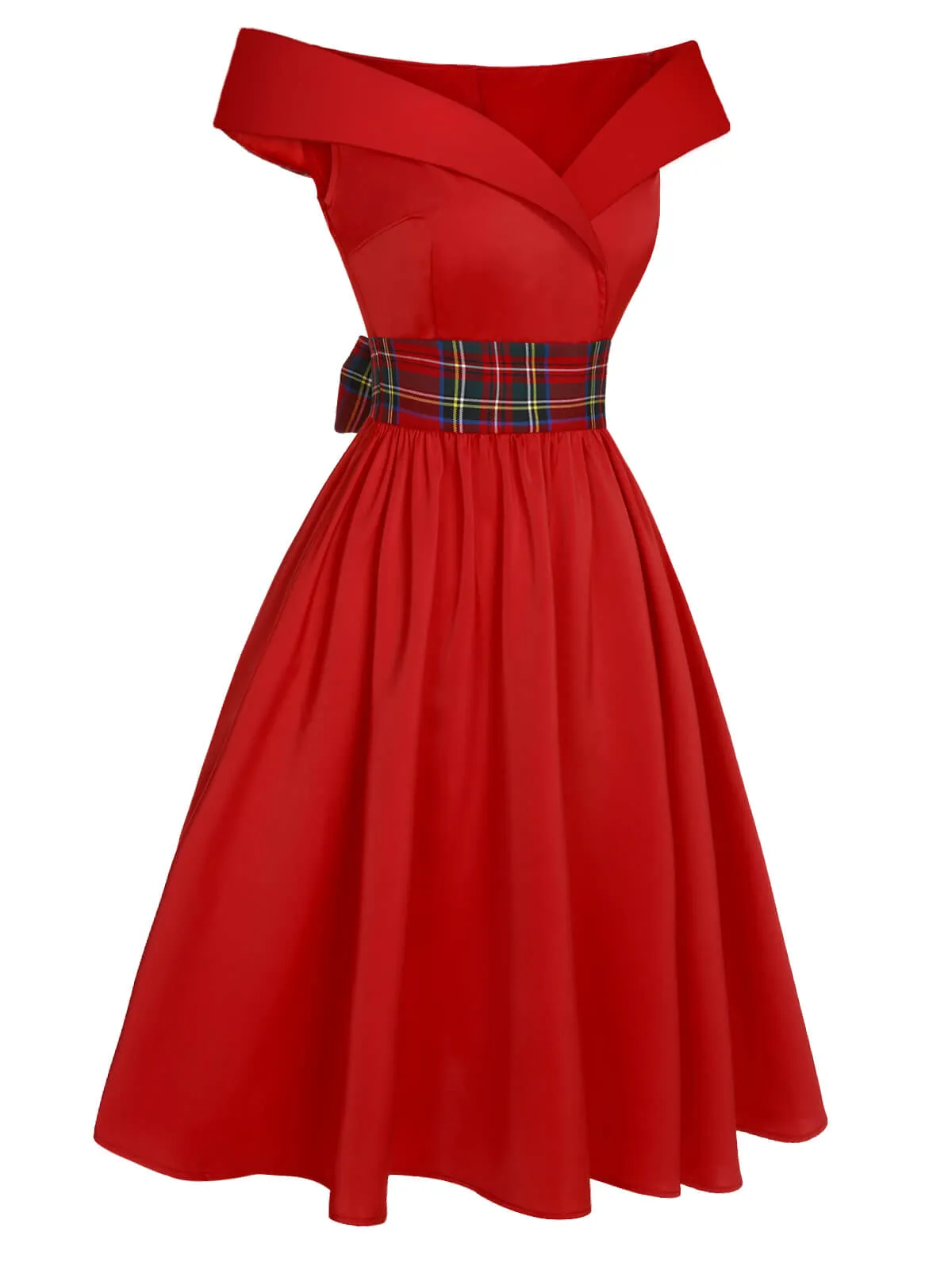 Red 1950s Christmas Plaids Off-Shoulder Dress sold by Retro Stage product image thumbnail 4